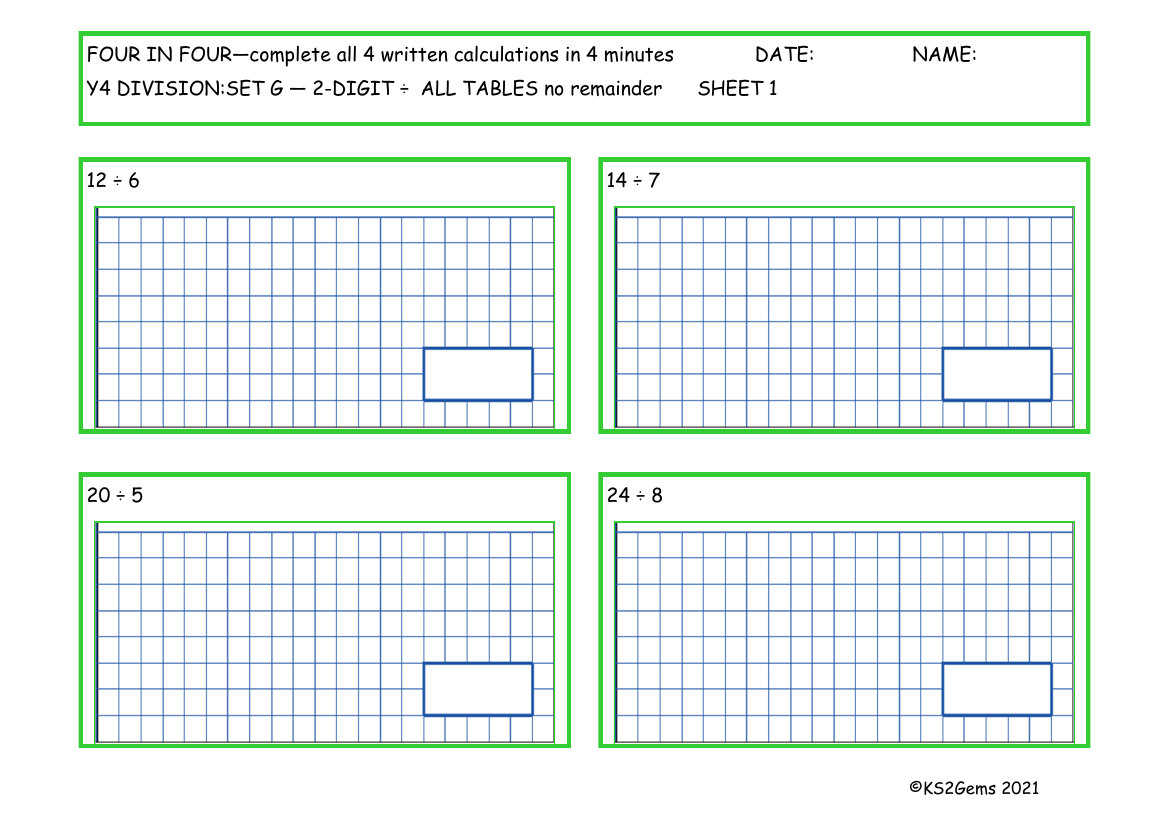 Four in Four -  Division Set G 2 digit number - all tables no remainder