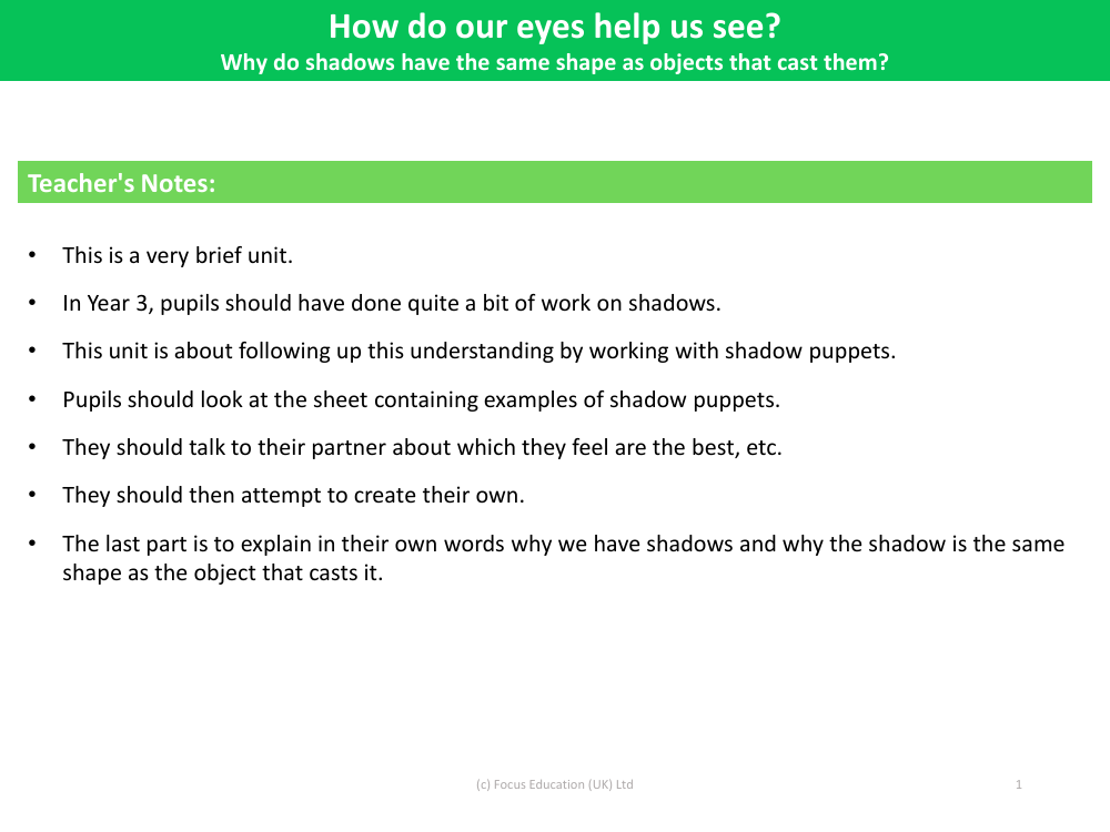 Why do shadows have the same shape as objects that cast them? - Teacher's Notes