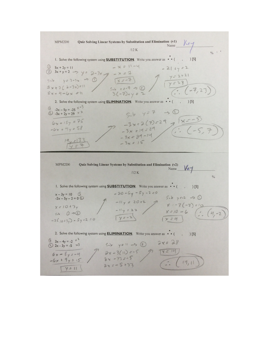 Substituation and Elimination Answer Key