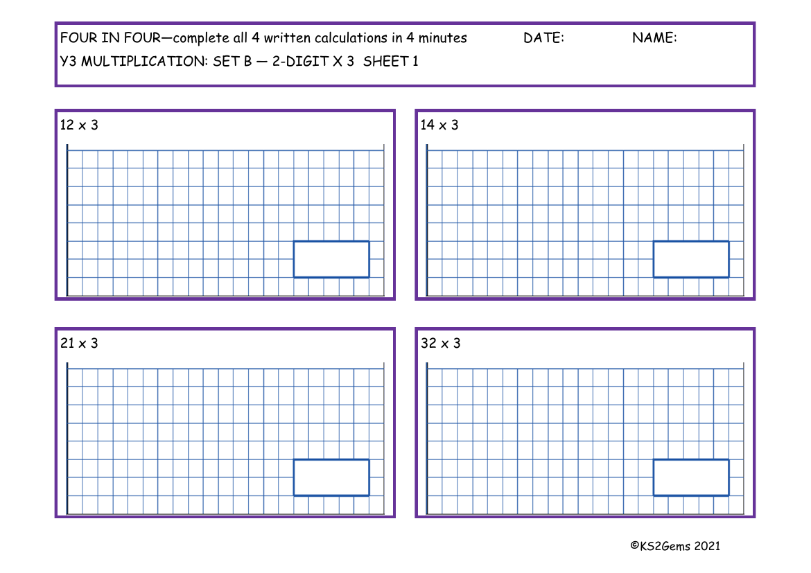 Four in Four - Multiplication Set B 2 digit number x 3