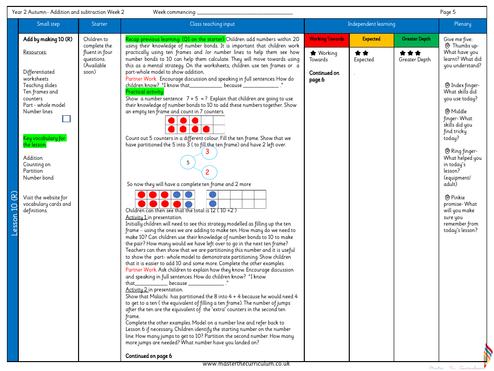 Addition and subtraction - Add by making 10 - Planning