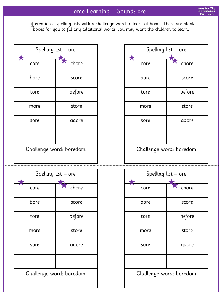 Spelling - Home learning - Sound ore