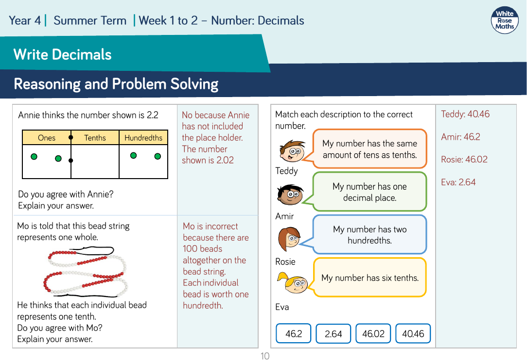 reasoning and problem solving decimals year 4