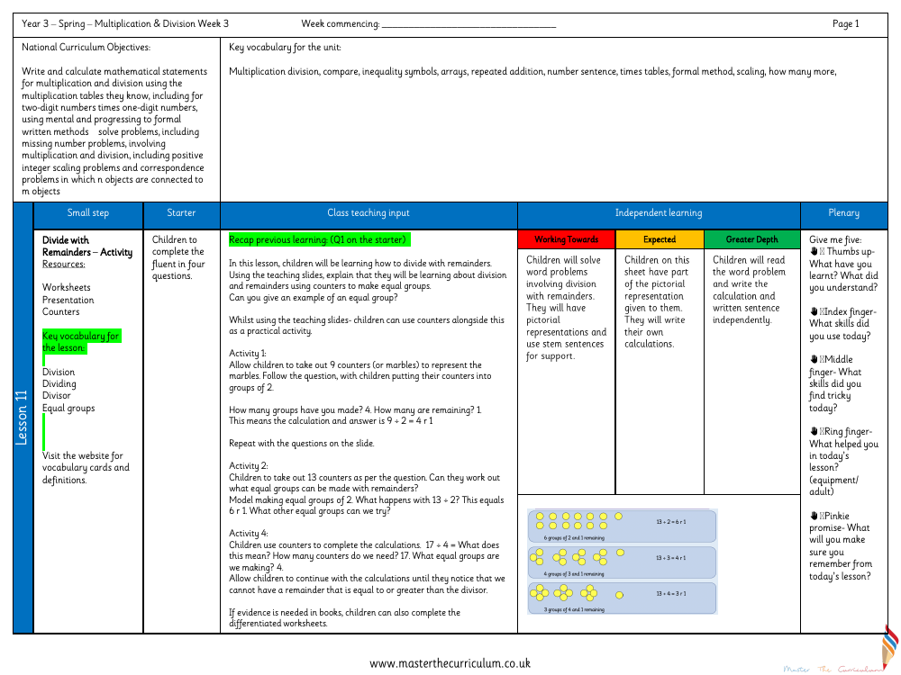 Multiplication and division - Divide with remainders activity - Planning