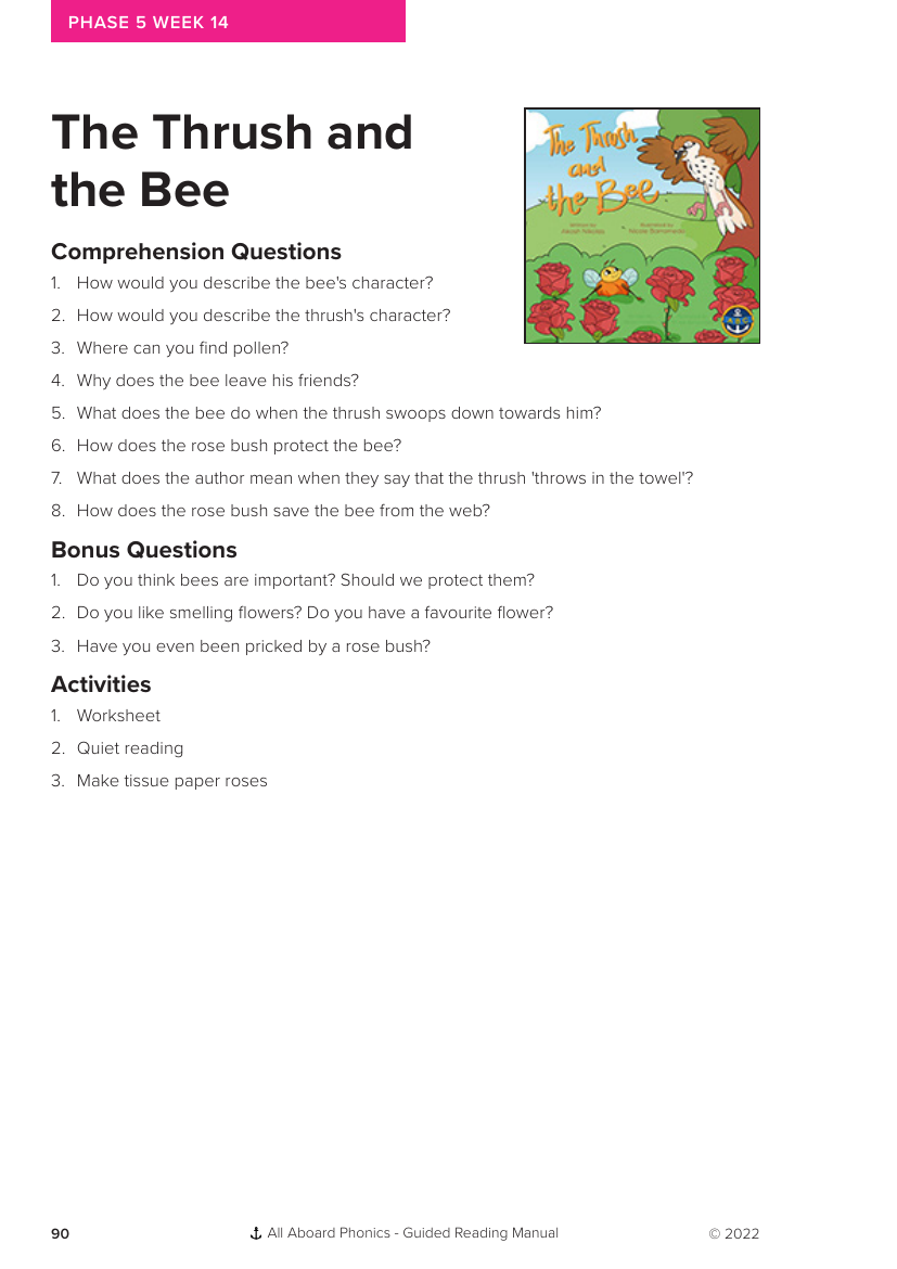 Week 14, Guided Reading "The Thrush and the Bee" - Phonics Phase 5 - Worksheet