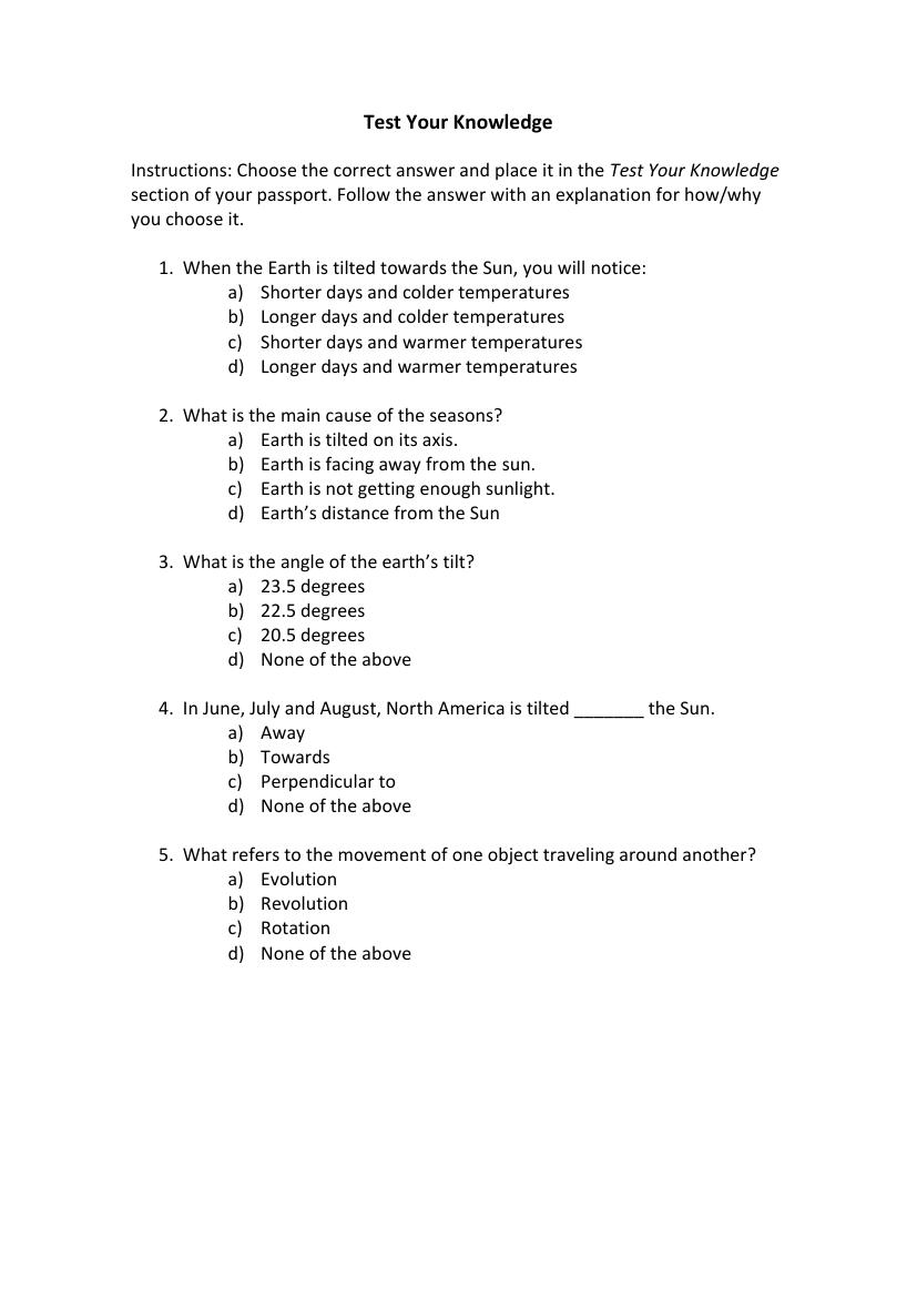 Earth's Seasons - Test your Knowledge