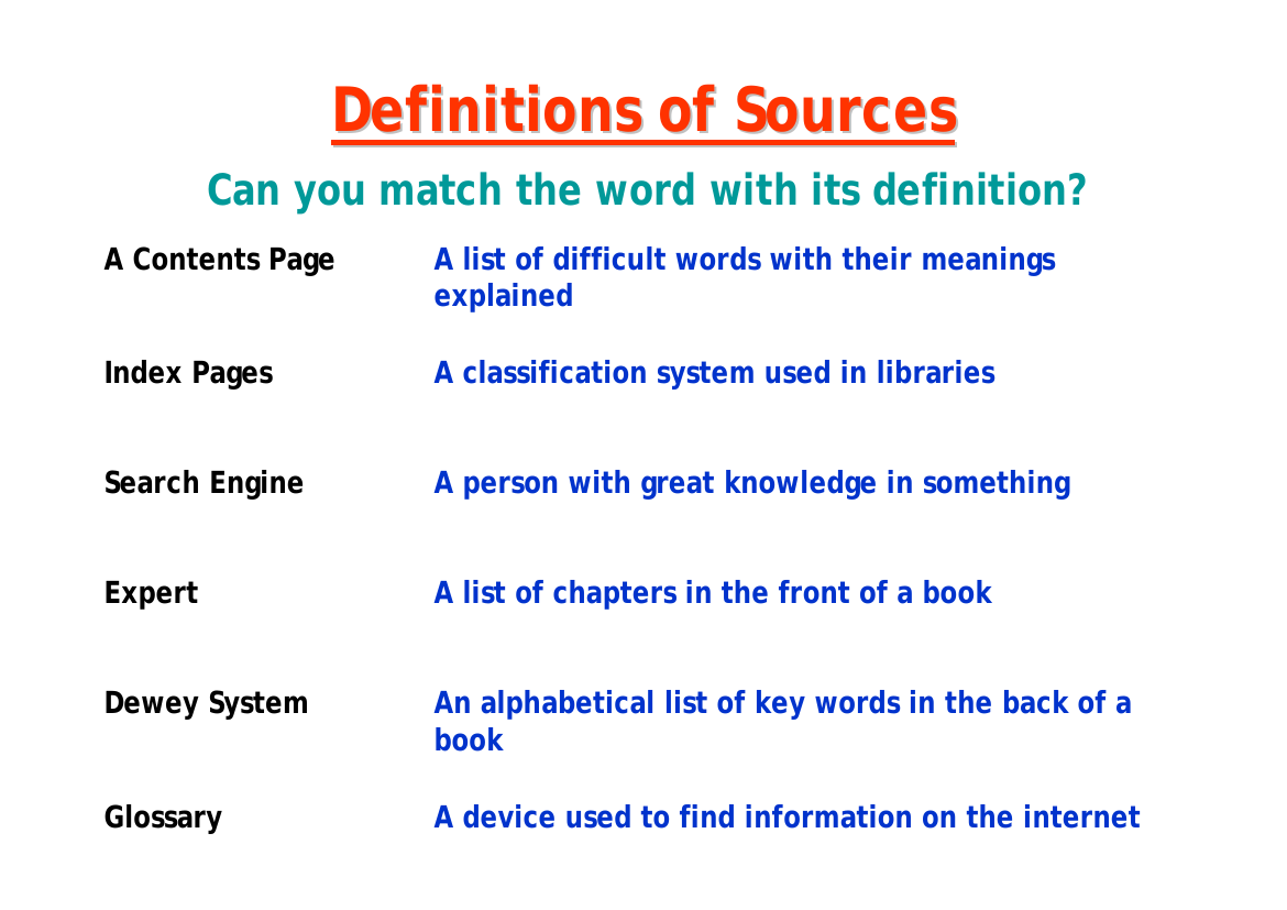 The Life of Charles Dickens - Lesson 3 - Definitions of Sources Worksheet