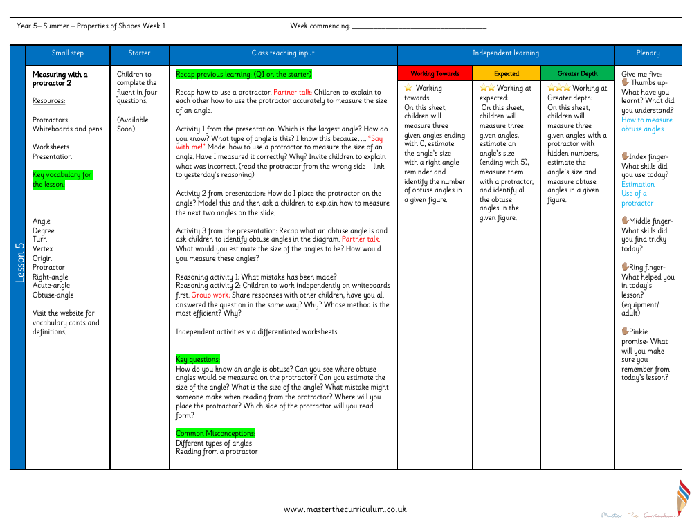 Properties of Shape - Measure with a Protractor (2) - Planning