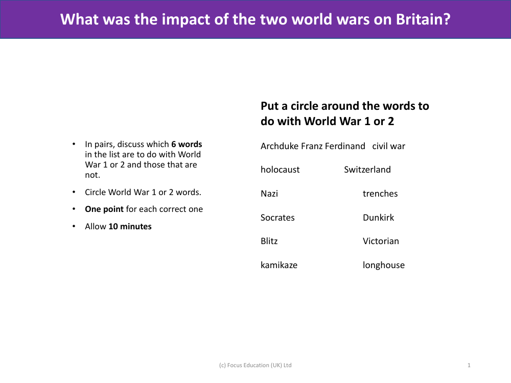 Put a circle around the words to do with World War 1 or 2 - World War 1 and 2 - Year 6