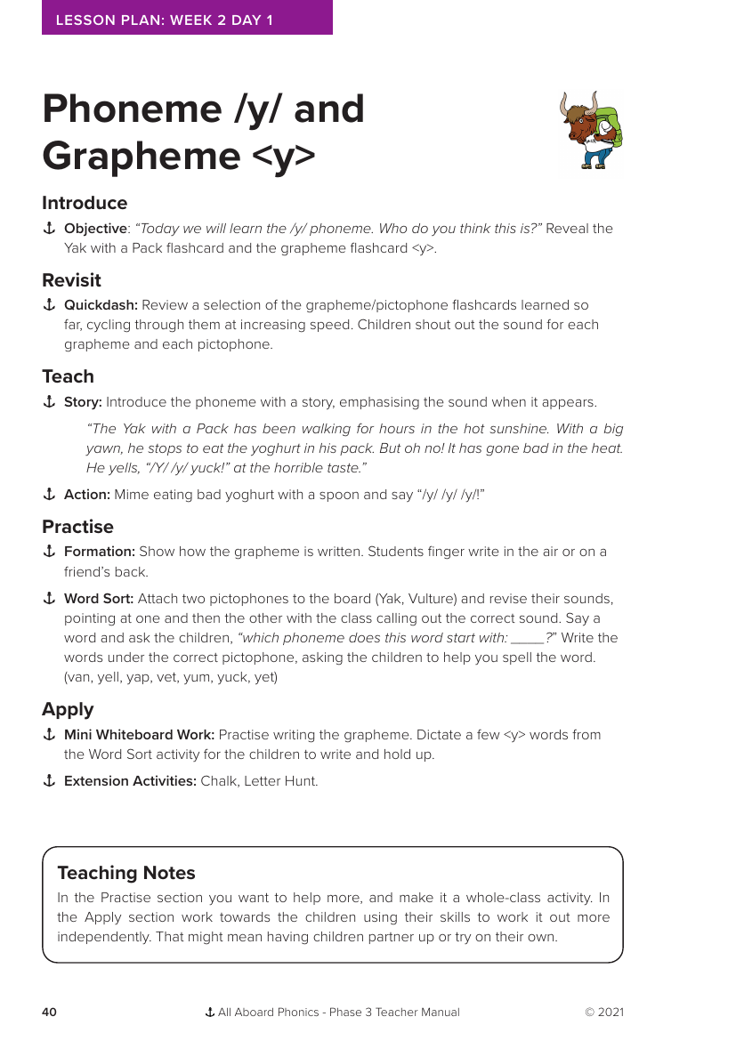 Week 2, lesson 1 Phoneme "y" and Grapheme "y" - Phonics Phase 3 - Lesson plan