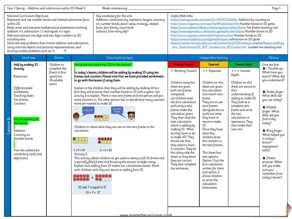 Addition and subtraction within 20 - Add by making 10 - Planning