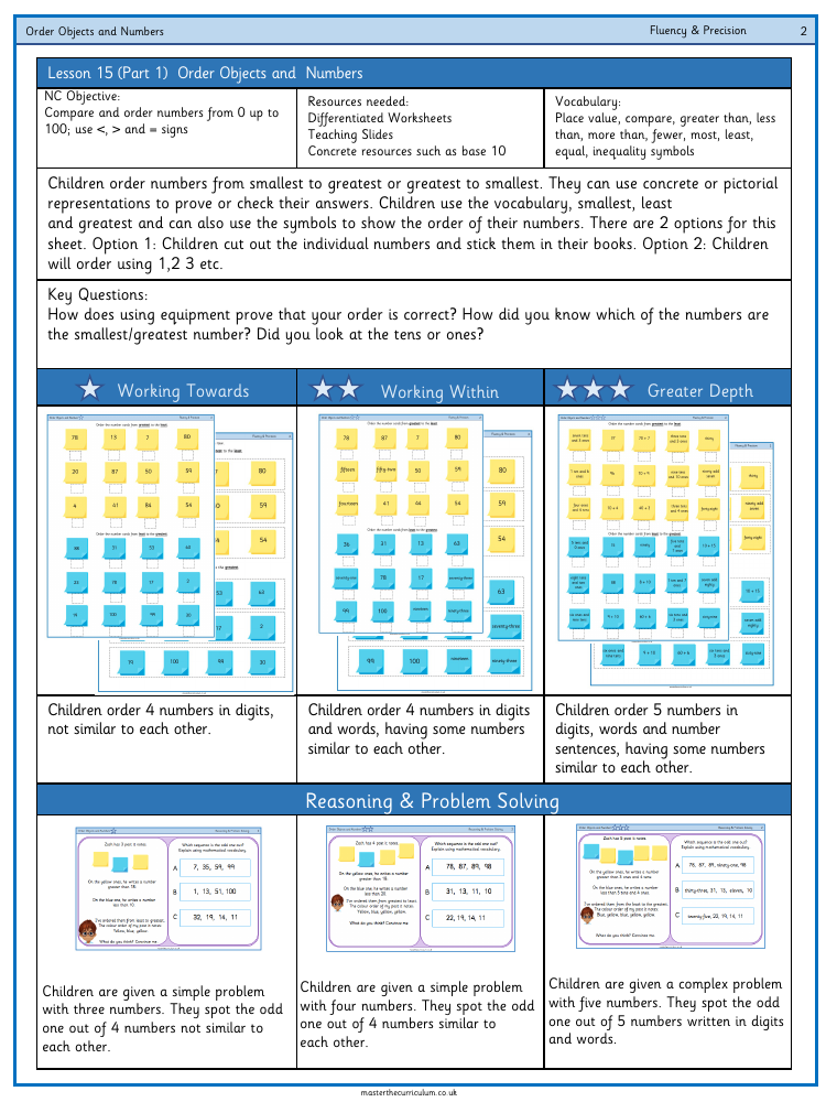 Place value - Order numbers and objects - Worksheet