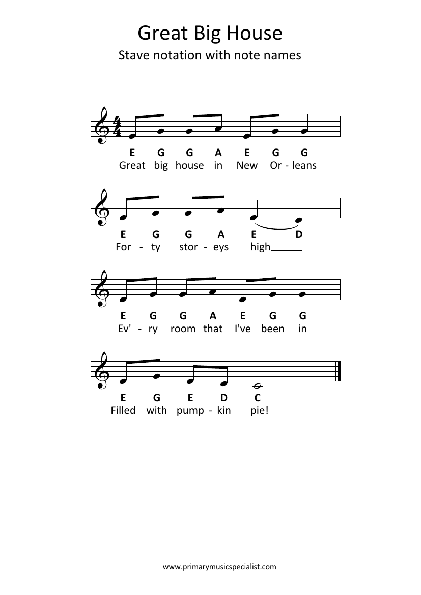 Instrumental Year 5 Stave Notation Sheets - Great big house stave notation note names