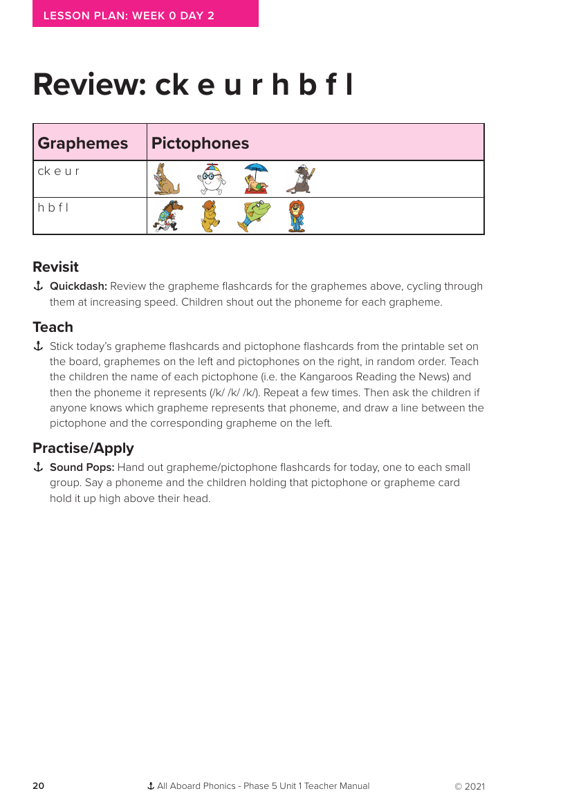 Week 0, lesson 2 Review (ck,e,u,r,h,b,f,l) - Phonics Phase 5, unit 1 - Lesson plan