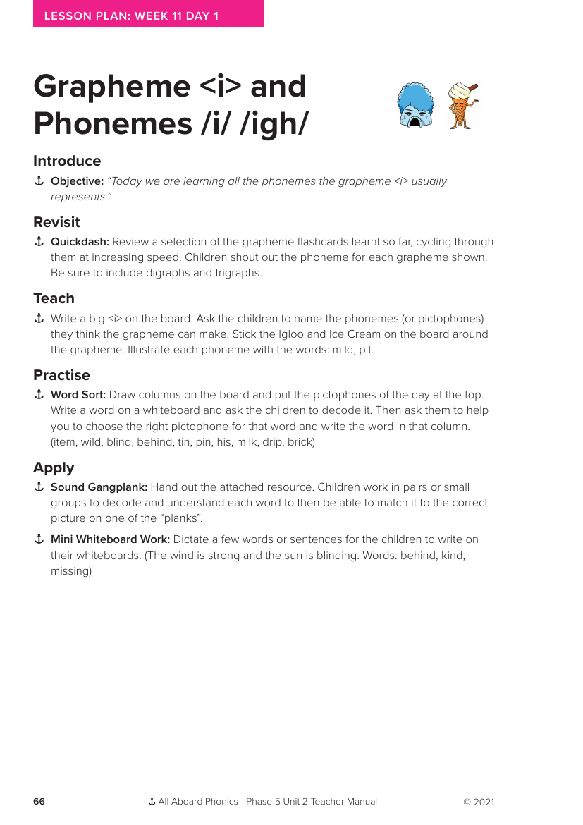 Week 11, lesson 1 Grapheme "I" and Phonemes "I,igh" - Phonics Phase 5, unit 2 - Lesson plan
