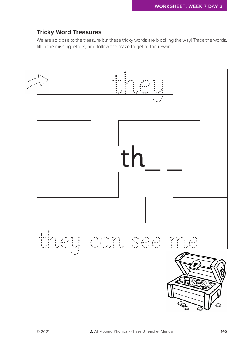 Week 7, lesson 3 Tricky Word Treasures letter formation - Phonics Phase 3,  - Worksheet