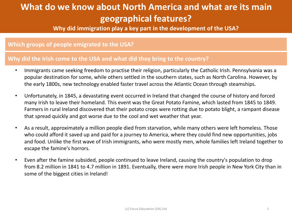 Why did the Irish come to the USA? - Info sheet