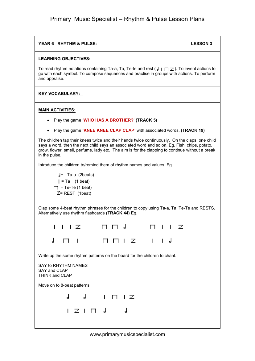 Rhythm and Pulse Lesson Plan - Year 6 Lesson 3