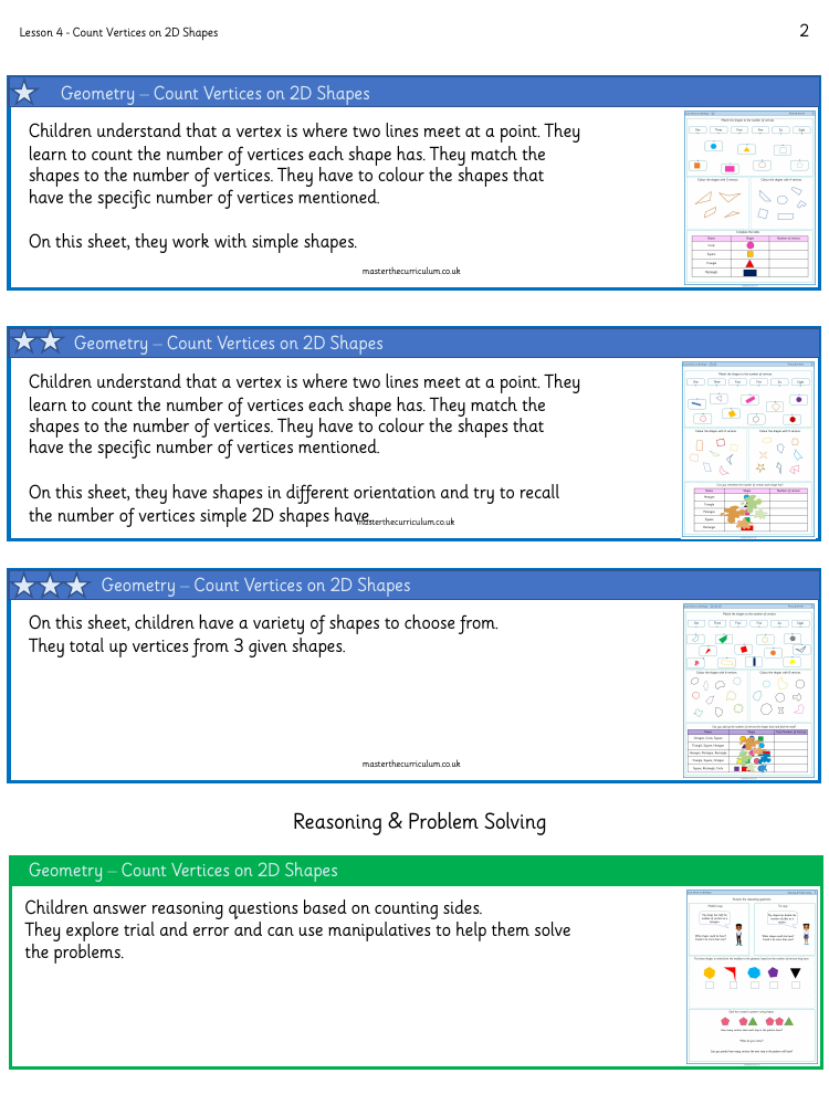 Properties of shape - Count vertices and 2D shapes - Worksheet