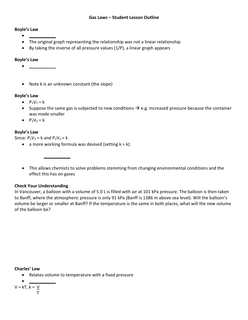 Gas Laws - Student Lesson Outline