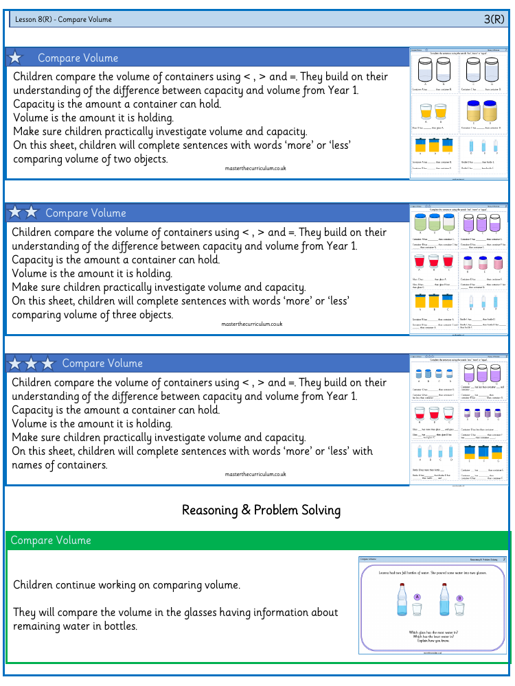 Mass and capacity - Compare volume - Worksheet