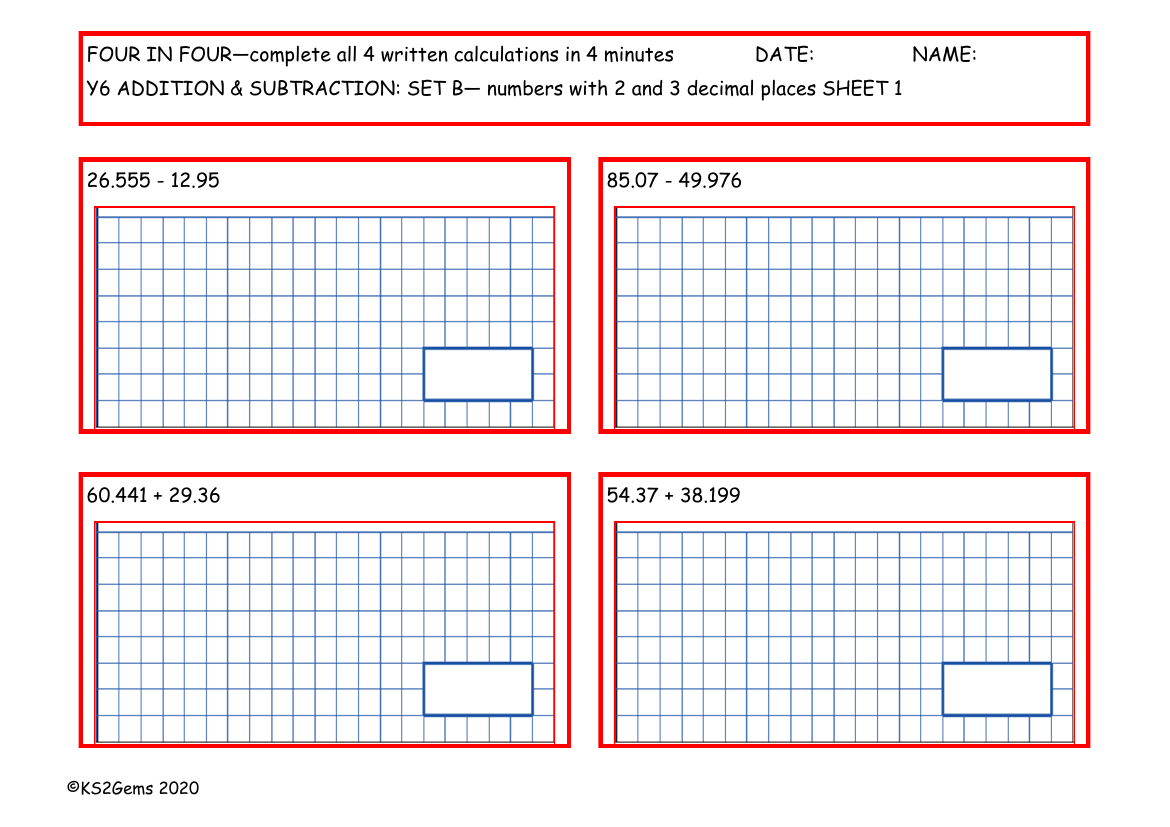 Four in Four - Addition and Subtraction Set B - numbers with 2 and 3 decimal places