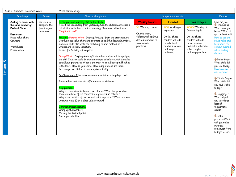 Decimals - Adding Decimals with the same number of Decimal Places - Planning