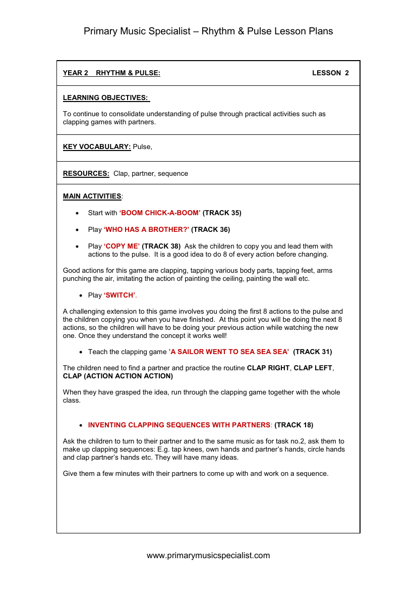 Rhythm and Pulse Lesson Plan - Year 2 Lesson 2