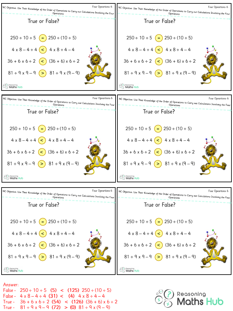 Use their knowledge of the order of operations to carry out calculations involving the four operations - Reasoning