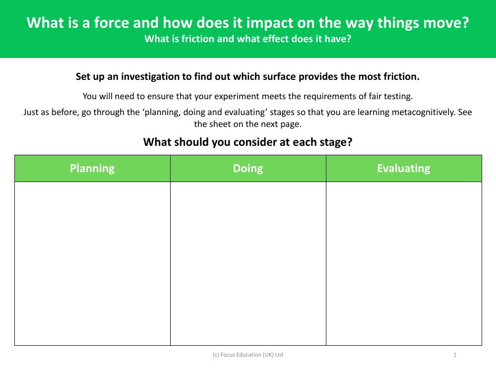 Plan an investigation - Which surface provides most friction? - worksheet