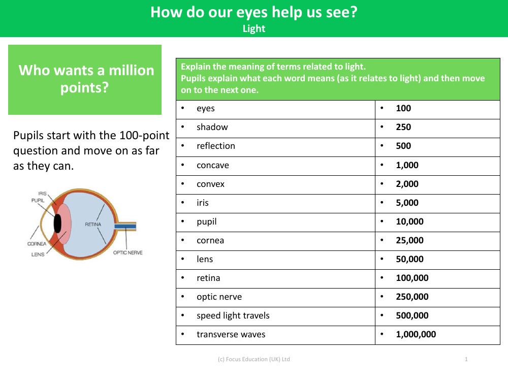 Who wants a million points? - Explain the meaning of terms related to Light - Light - Year 6