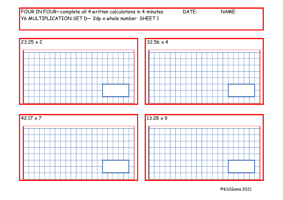 Four in Four - Multiplication Set D 2dp x whole number