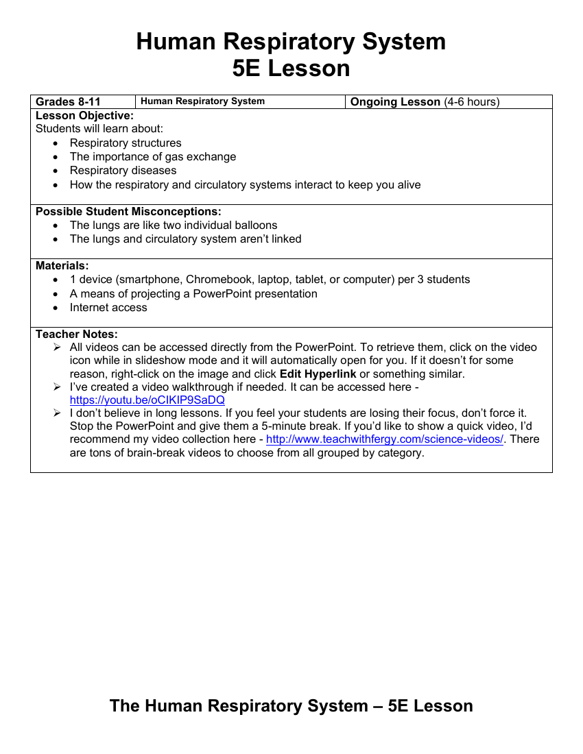 Human Respiratory - Teaching Timeline