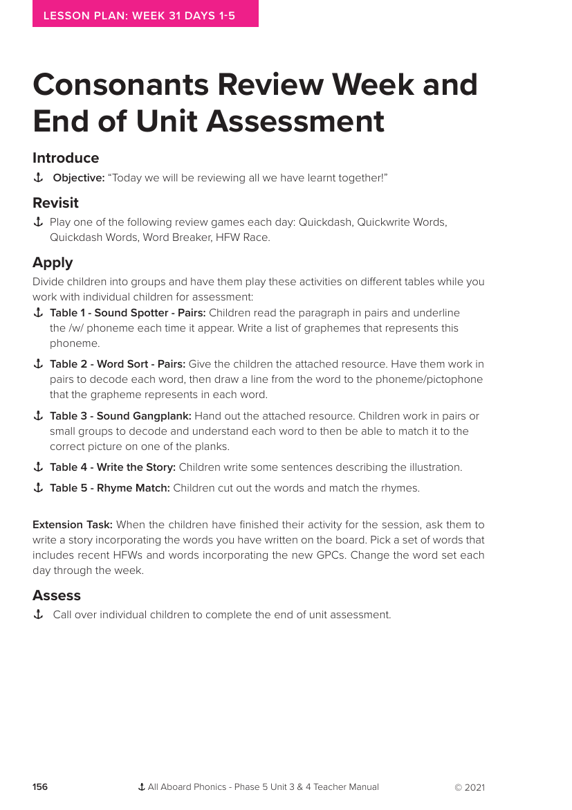 Week 31, lesson 1-5 Consonants Review Week and End of Unit Assessment - Phonics Phase 5, unit 3 - Lesson plan