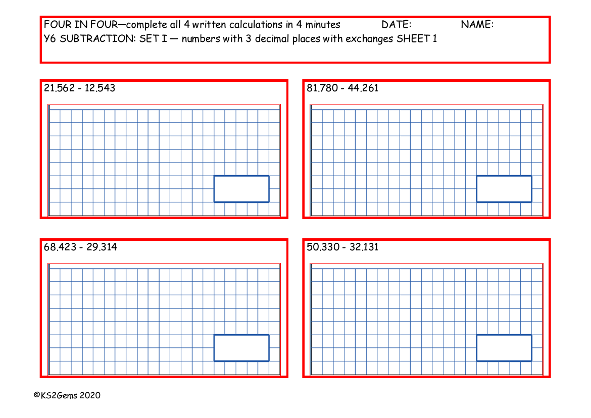 Four in Four - Subtraction Set I - numbers with 3 decimal places with exchanges