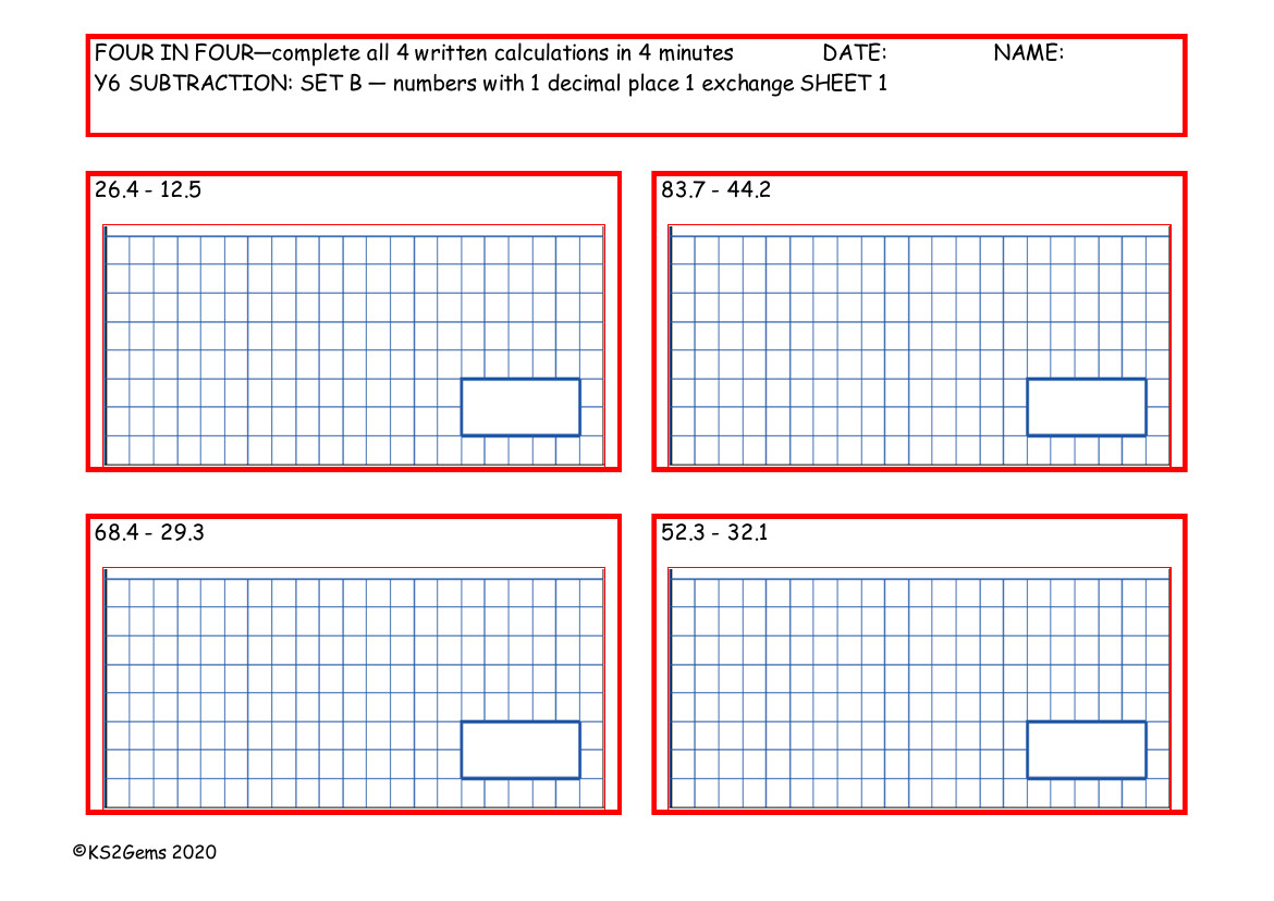 Four in Four - Subtraction Set B - numbers with 1 decimal place 1 exchange