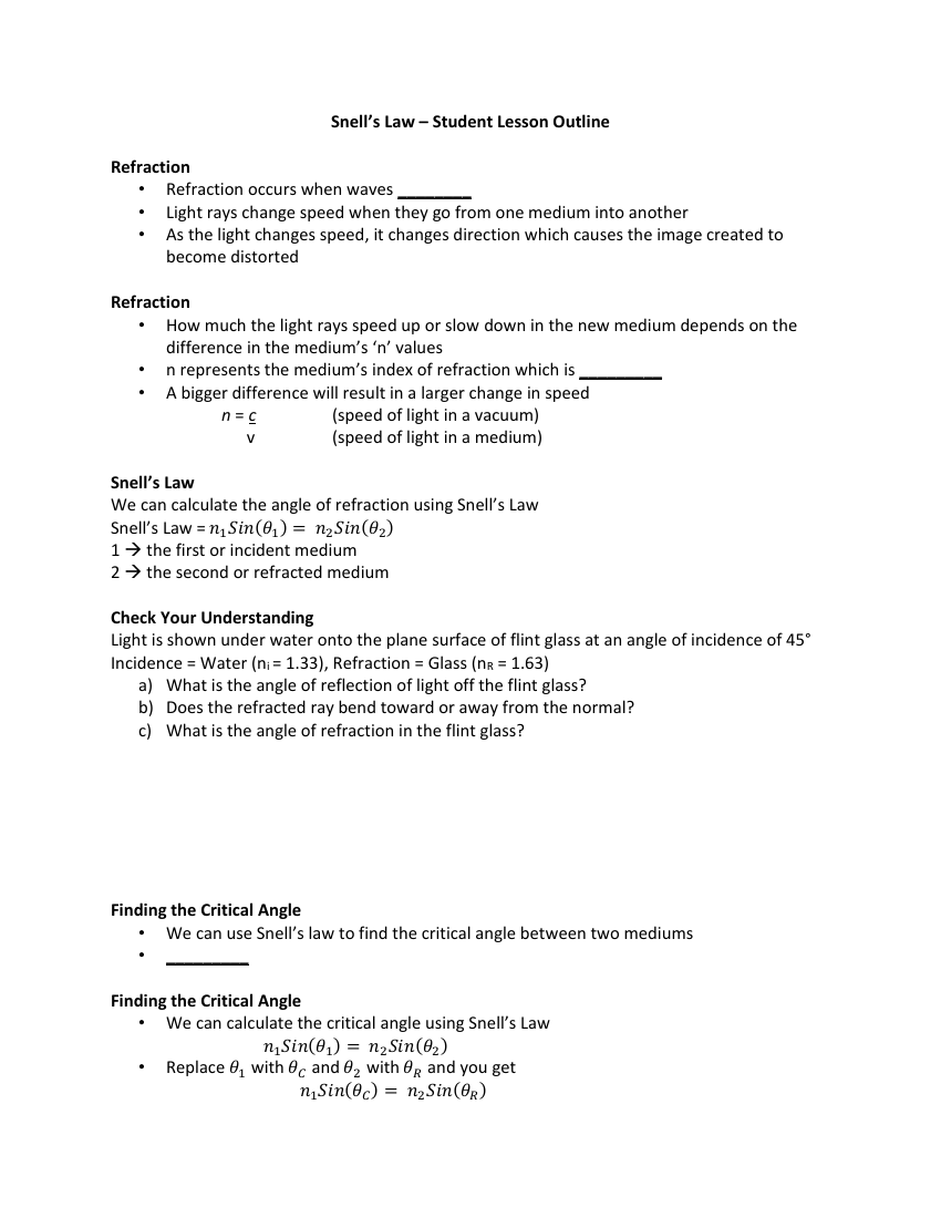 Snell's Law - Sudent Lesson Outline