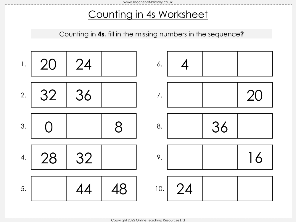 Counting in 4s to 48 - Worksheet
