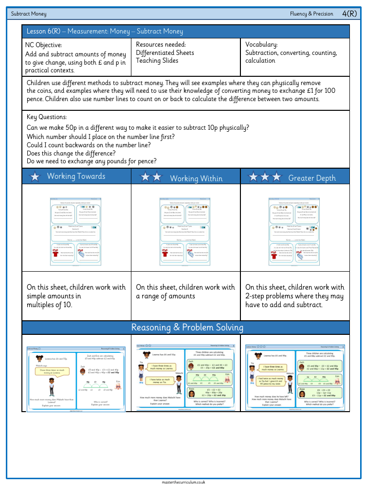 Money - Subtract Money - Worksheet