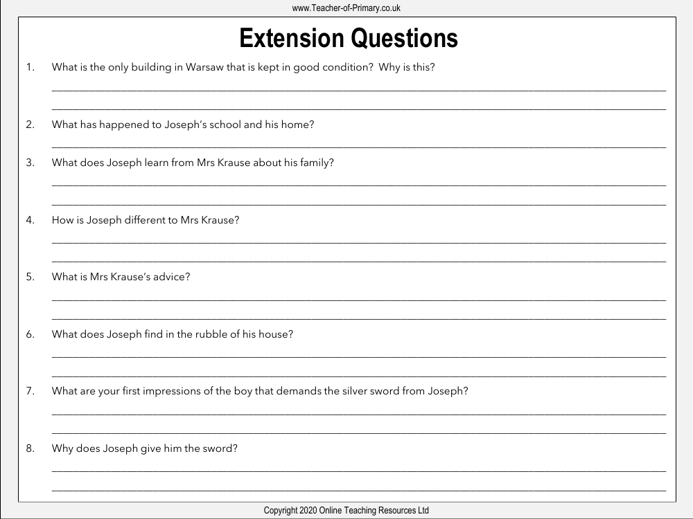 The Silver Sword - Lesson 3 - Extension Questions Worksheet