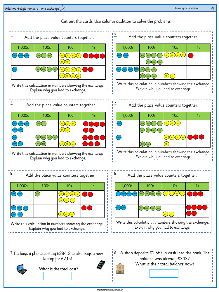 Addition and Subtraction - Adding four digit numbers (one exchange) - Worksheet