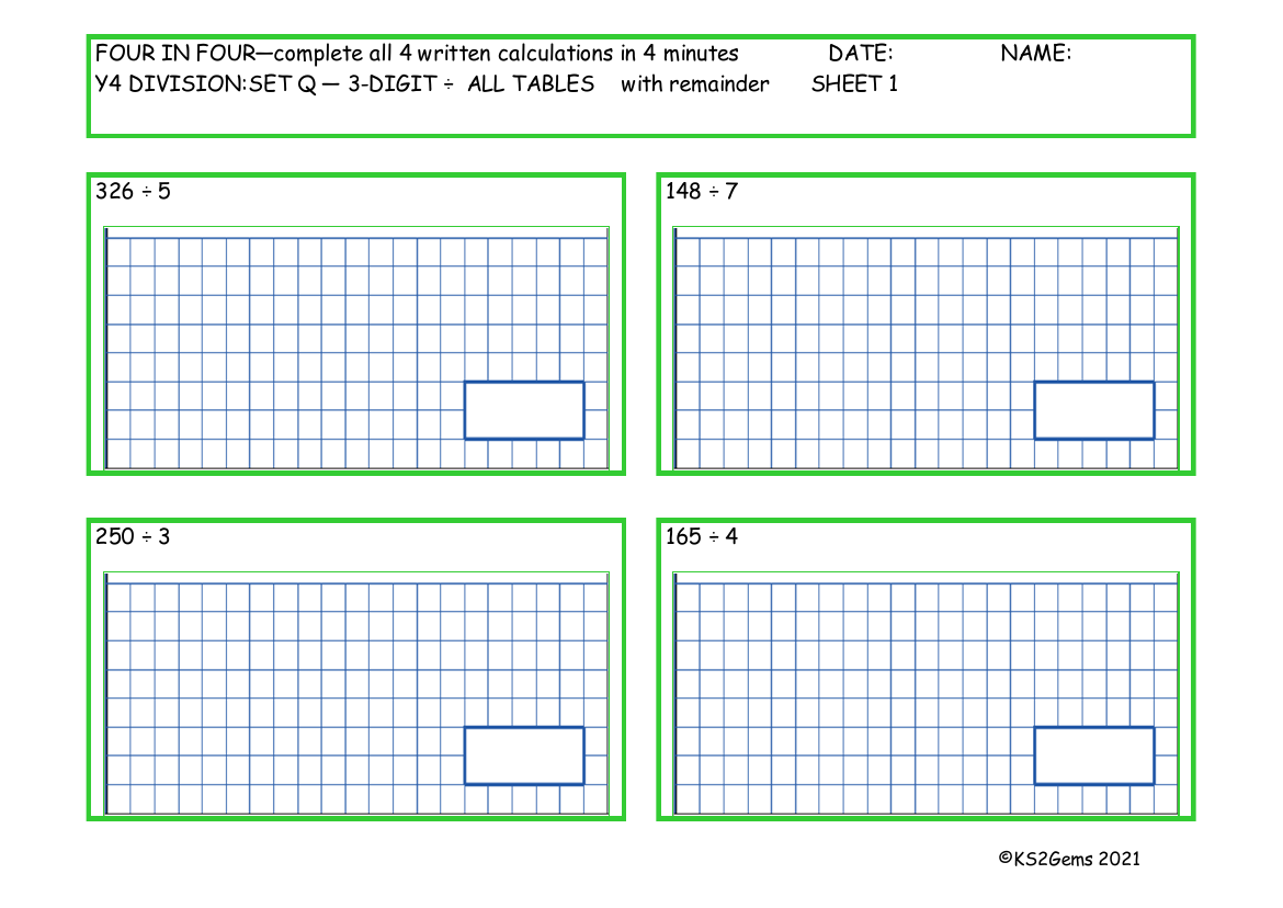 Four in Four -  Division Set Q 3 digit number - All Tables with remainder