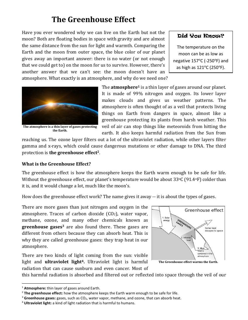 Greenhouse Effect - Reading with Comprehension Questions