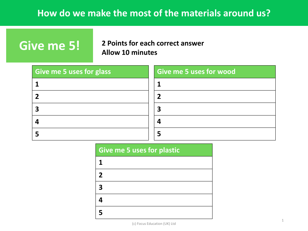 Give me 5 - Uses for each material