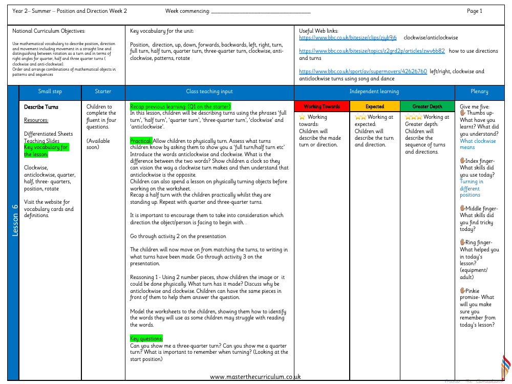 Position and direction - Describing turns - Planning