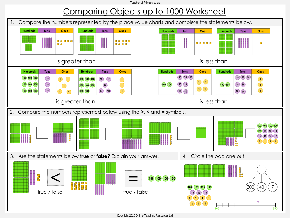 Comparing Objects up to 1000 - Worksheet