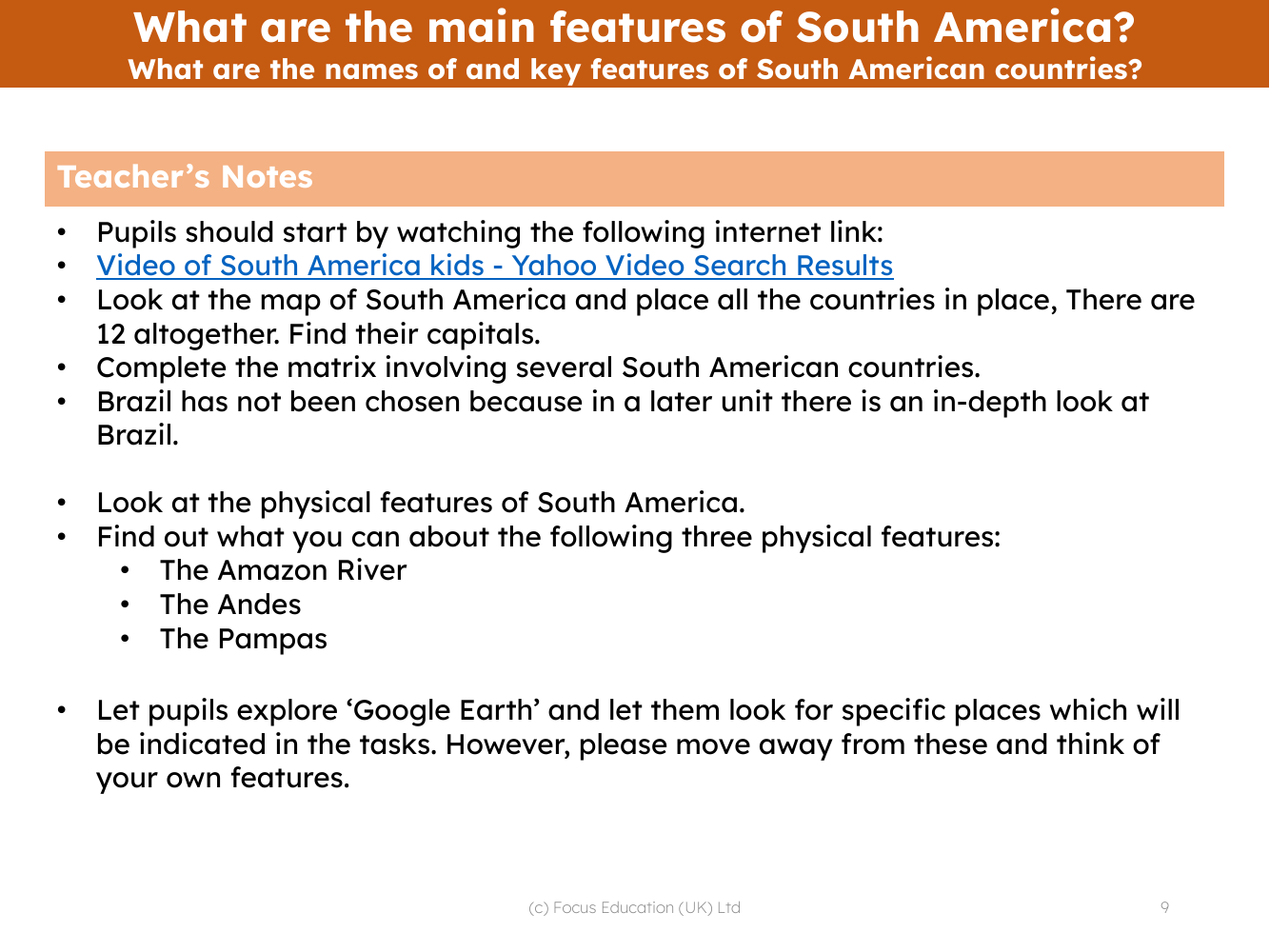 What are the names of and key features of South American countries? - Teacher notes