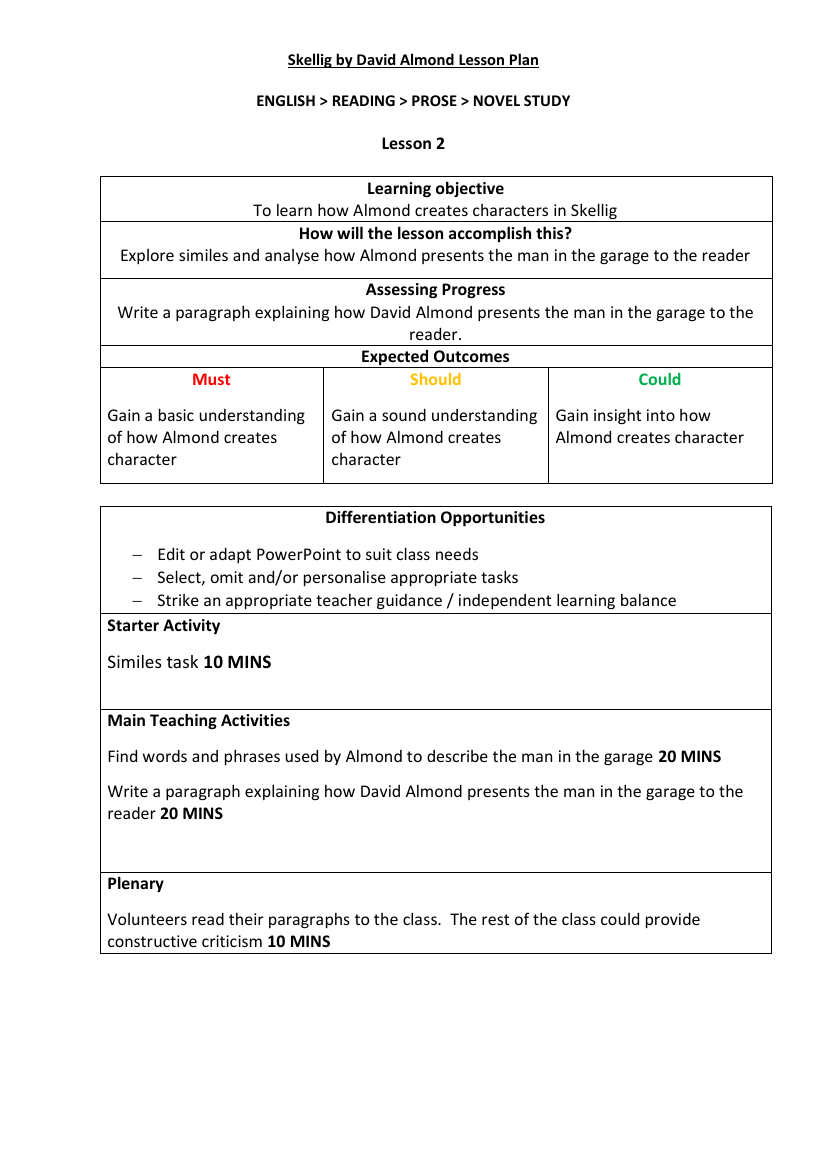 Skellig Lesson 2: Using the Senses - Lesson Plan