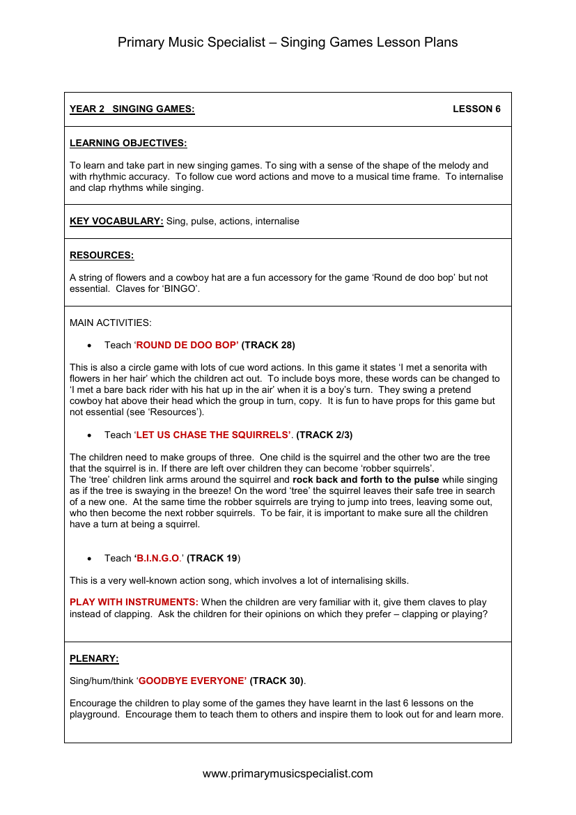 Singing Games Lesson Plan - Year 2 Lesson 6