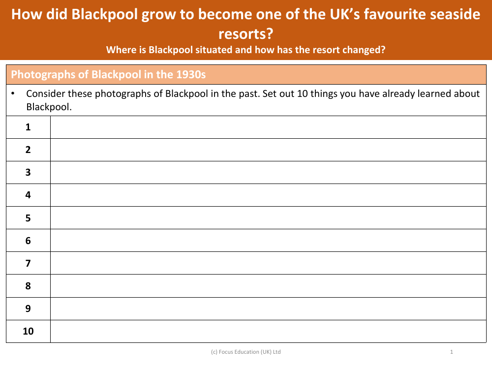 10 things you have learned about Blackpool - Worksheet - Year 5